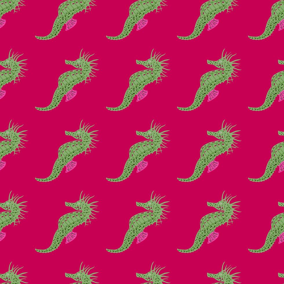 doodle abstrato sem costura padrão com impressão de mão desenhada de cavalo-marinho verde. vetor