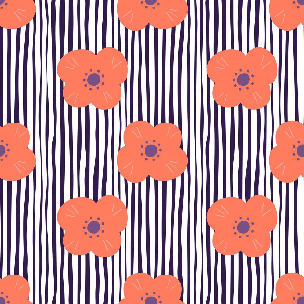 sem costura padrão floral com ornamento de flores laranja scandi. fundo listrado branco e azul marinho. vetor