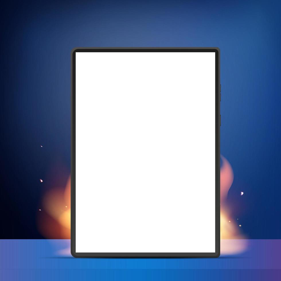 tablet com tela branca em chamas e fumaça. venda imperdível, estoque ou conceito promocional. banner ou cartaz de publicidade pronto. estilo realista. vetor