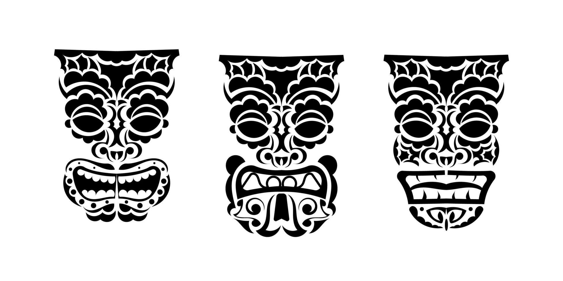 conjunto de totens de rostos em estilo de ornamento. padrões tribais polinésios, maoris ou havaianos. bom para estampas, tatuagens e camisetas. isolado. vetor