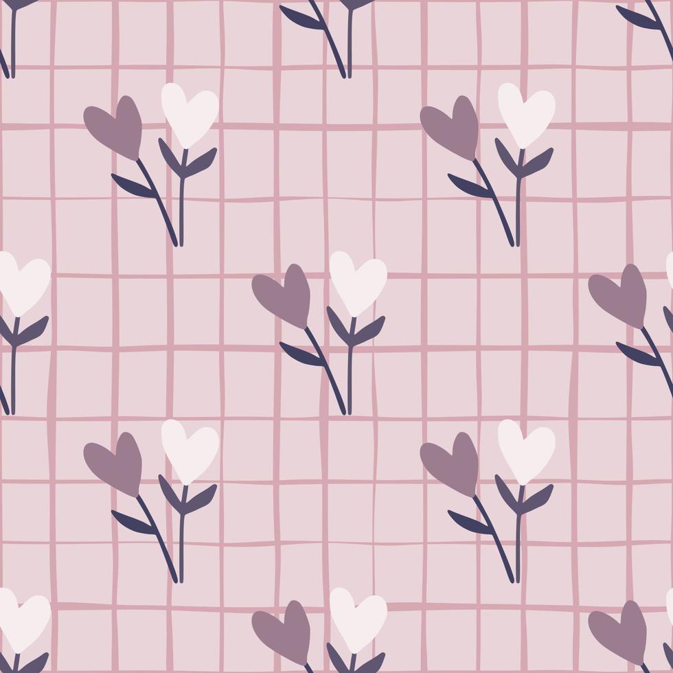padrão sem emenda de ramos de coração botânico. fundo xadrez rosa pastel claro com elementos roxos e brancos. vetor
