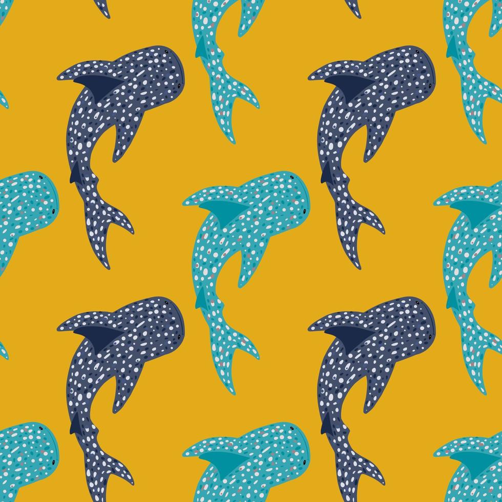 padrão animal sem costura de contraste brilhante com formas de tubarão-baleia azul e marinha. fundo amarelo. vetor