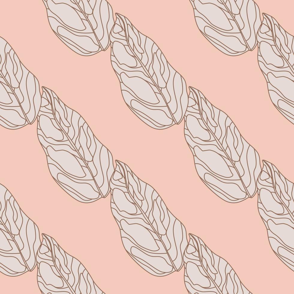 delinear o padrão sem emenda de silhuetas de folha. elementos botânicos com contornos cinza sobre fundo pastel rosa claro. vetor