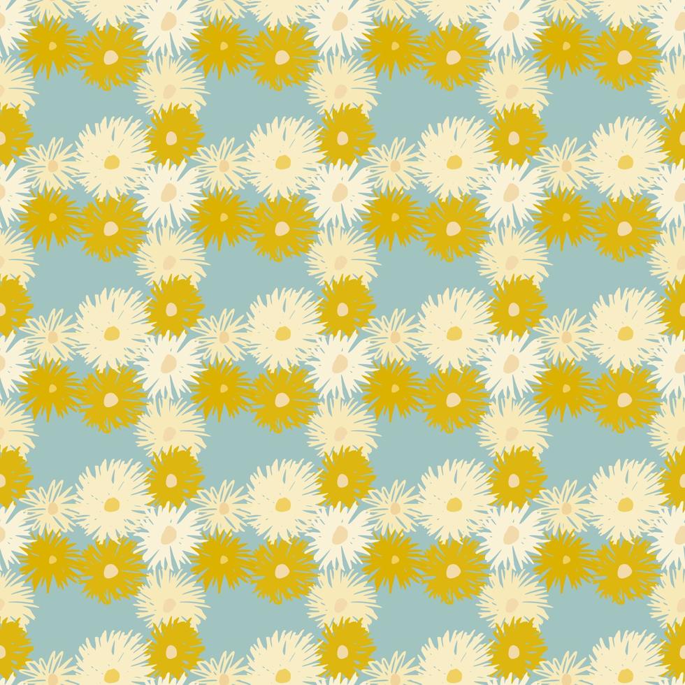 padrão sem emenda de silhuetas abstratas de flor de crisântemo. formas botânicas brancas e amarelas sobre fundo azul claro. vetor