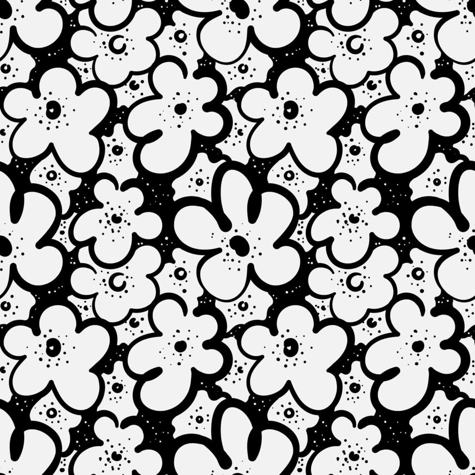 padrão floral sem costura, flores de doodle desenhadas à mão estilizadas como tinta pintada. design moderno em preto e branco para papel de embrulho, têxtil, tecido. vetor