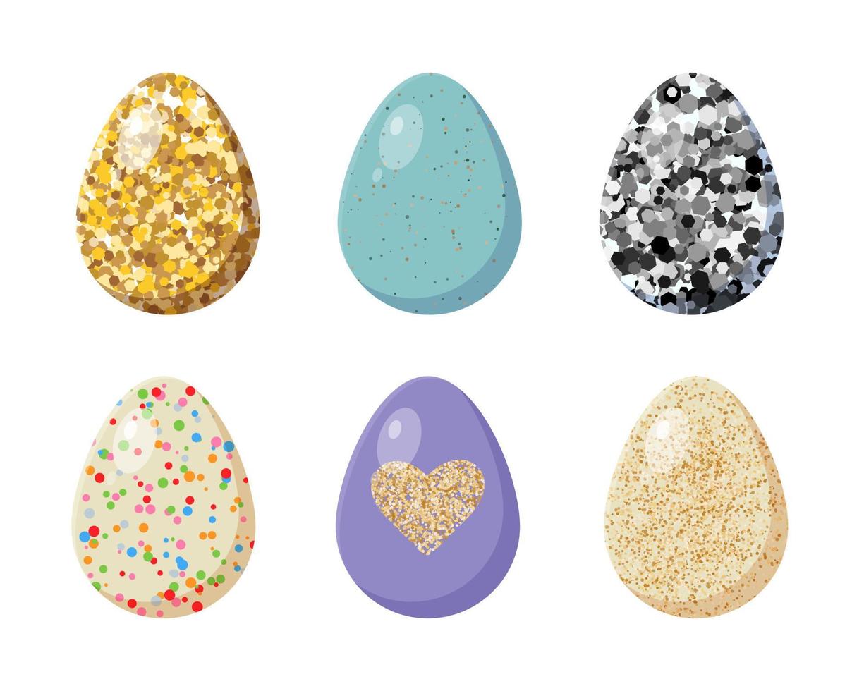 ovos de páscoa definidos, ouro, glitter, pontos, design plano de corações isolado no fundo branco. vetor