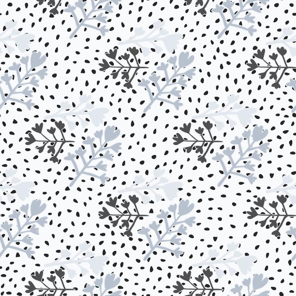 doodle sem costura padrão floral com ornamento de formas de ramos de flores de tons azuis. fundo branco com pontos. vetor