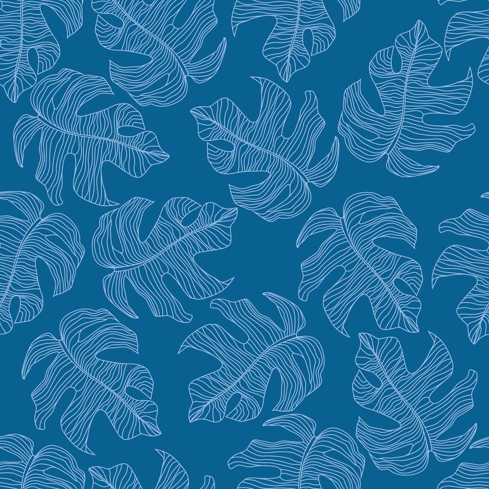 folha de monstera dá forma sem costura padrão aleatório. impressão de flora criativa com fundo índigo azul marinho brilhante. vetor
