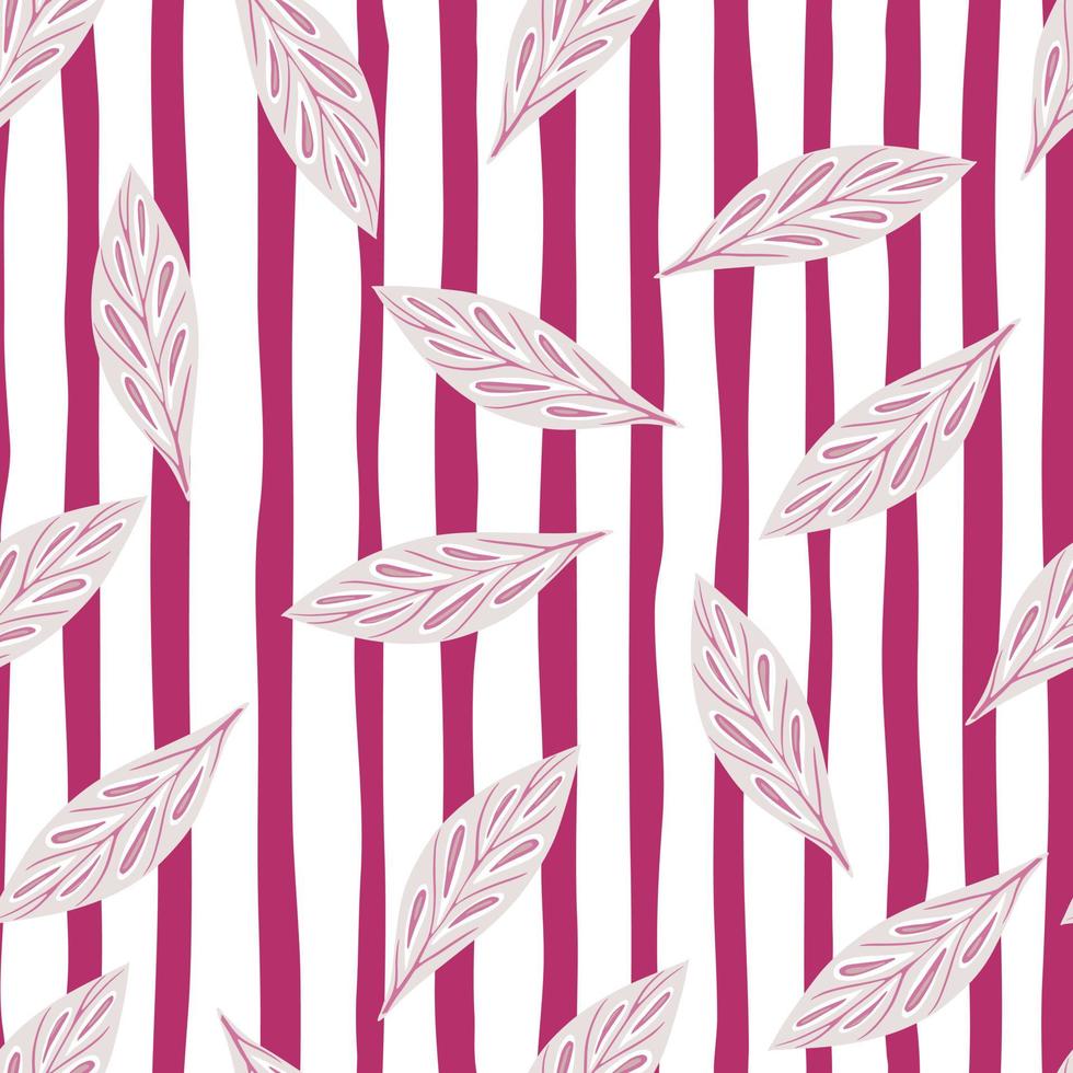 padrão sem emenda de silouettes de folha geométrica rosa aleatória no estilo doodle. fundo listrado vermelho e branco. vetor