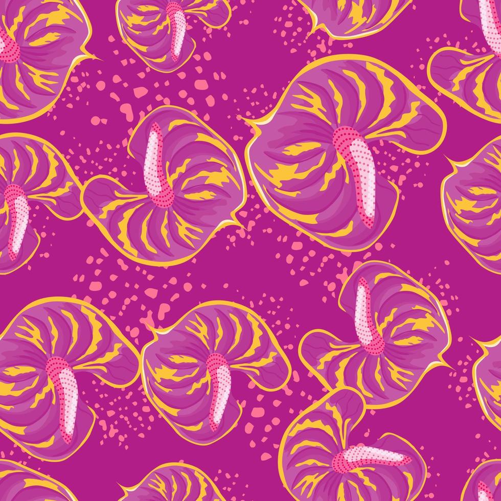 padrão sem emenda de flores criativas de antúrio rosa. papel de parede botânico tropical brilhante. cenário de plantas havaianas exóticas na moda. vetor