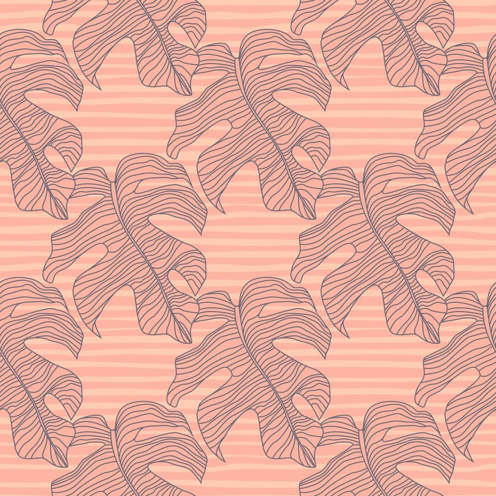 azul marinho contornos monstera simples padrão sem emenda de sihouettes. fundo listrado rosa. arte floral tropical. vetor