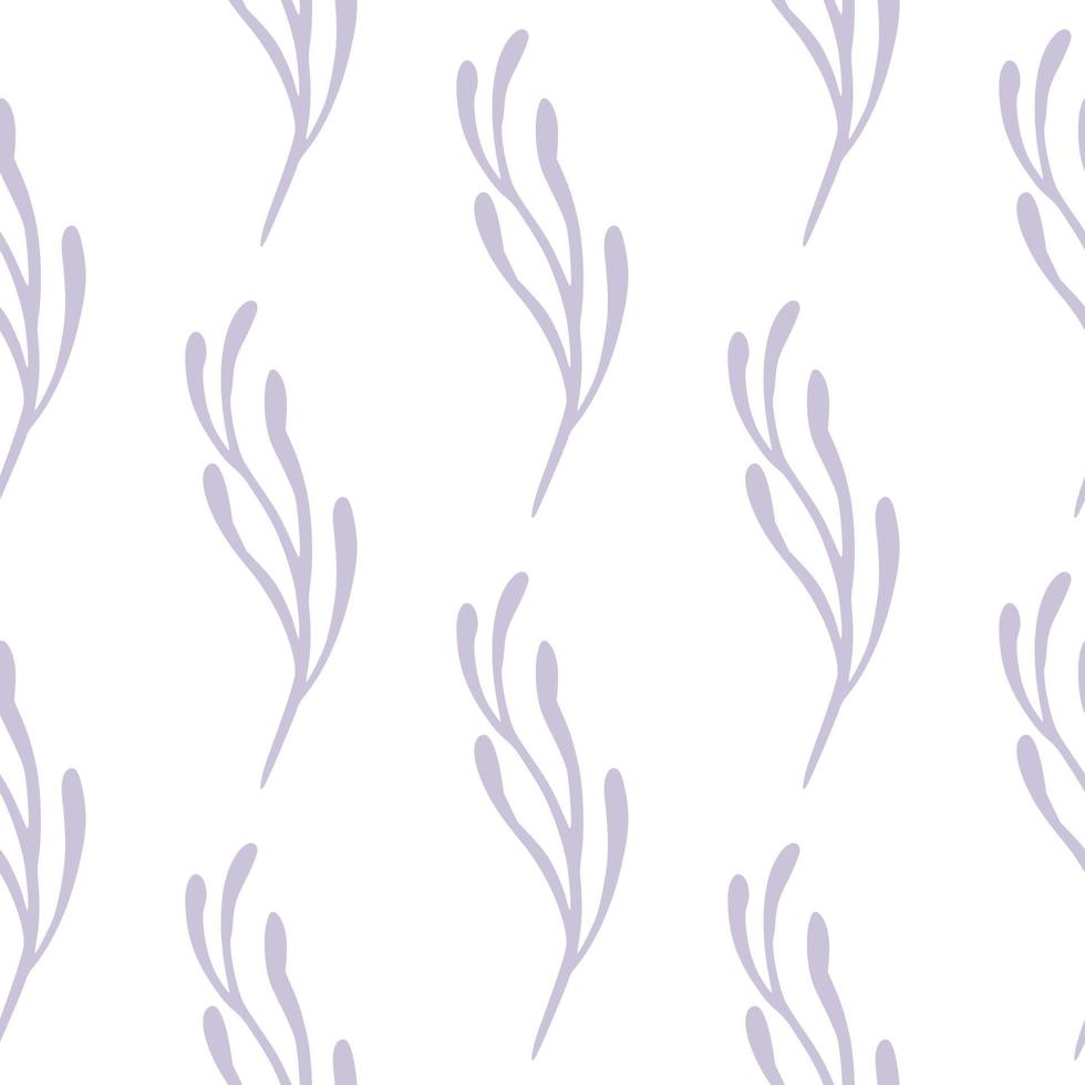 padrão de doodle sem costura isolado com formas de ramos abstratos roxos pastel. fundo branco. vetor