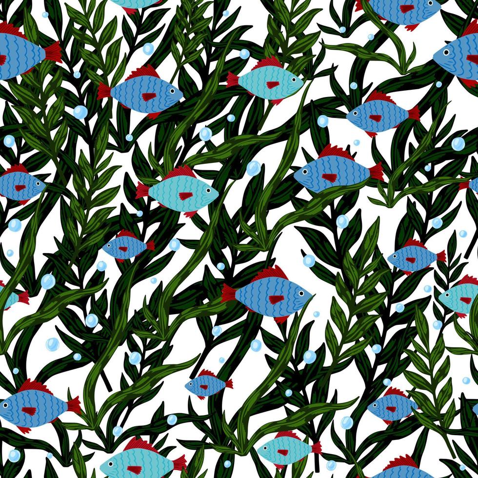 padrão sem emenda aleatório com silhuetas de peixe azul doodle e algas verdes. impressão isolada com fundo branco. vetor