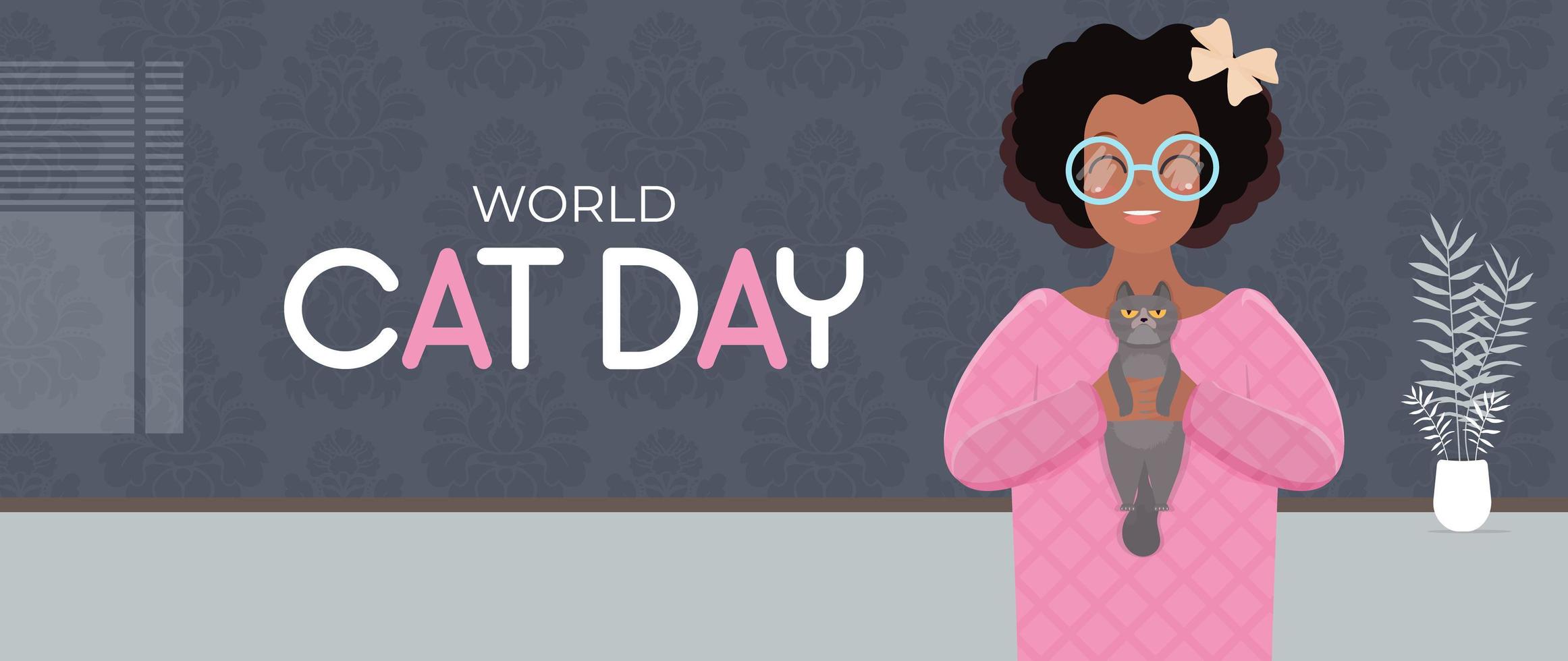 bandeira do dia mundial do gato. uma garota de pele escura com cabelos cacheados está segurando um gato cinza. garota afro-americana brincando com um gato. ilustração vetorial. vetor