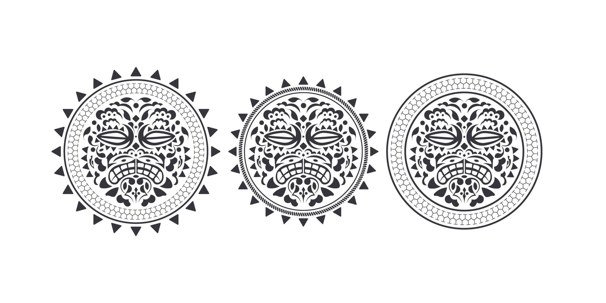 totem de cabeça tiki havaiano e polinésio. ilustração de uma máscara de tiki indígena do havaí e polinésia em preto e branco, os rostos dos deuses com coroas tradicionalmente. vetor