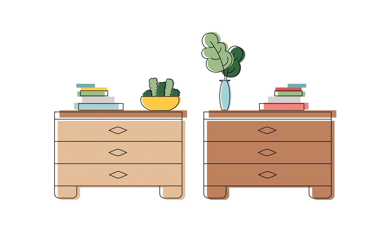 cômoda com livros e uma planta de casa. arte de linha. ilustração vetorial. vetor