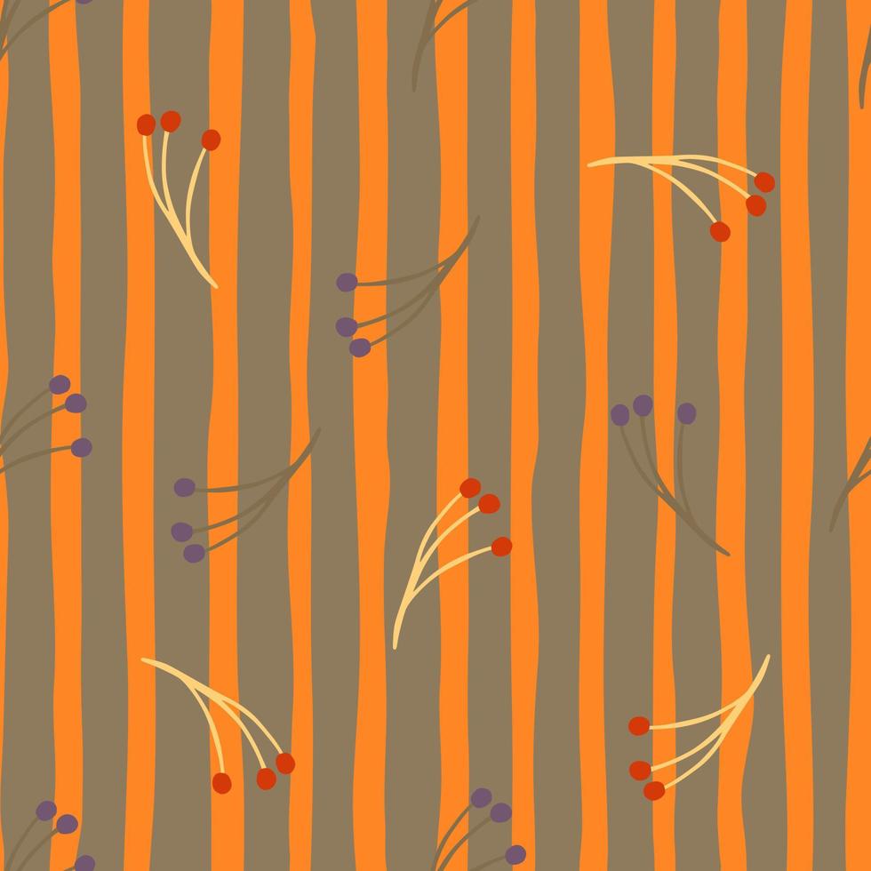 padrão sem emenda de scrapbook com ornamento de ramos de baga aleatória. fundo listrado cinza e laranja. vetor