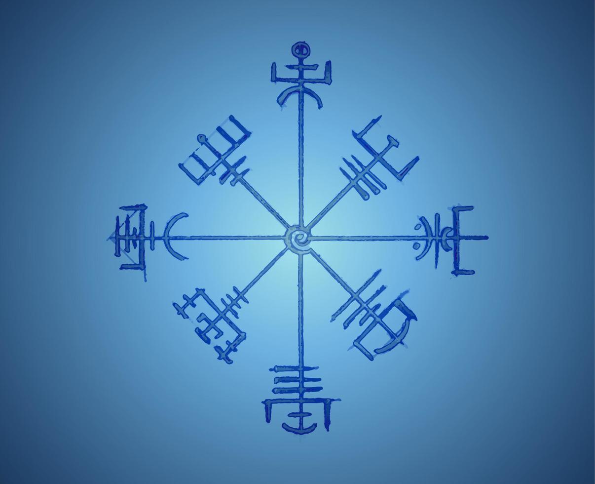 estilo de desenho a lápis de bússola rúnica vegvisir, desenho à mão de símbolos vikings, ilustração vetorial de logotipo nórdico sagrado isolado em fundo azul vetor