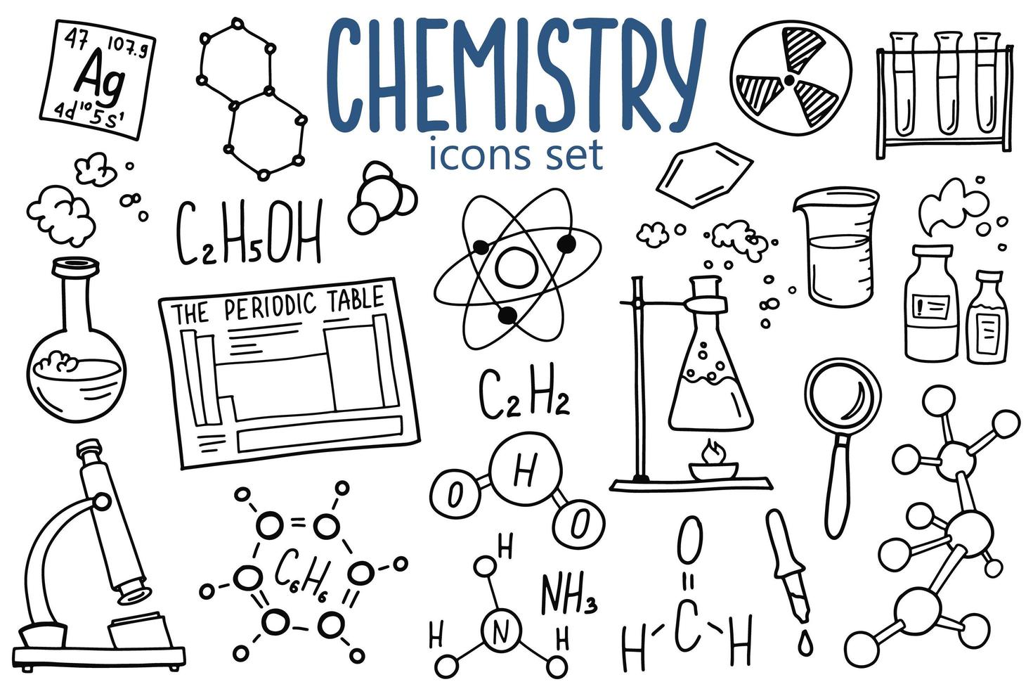 conjunto de ícones de símbolos de química. design de doodle de assunto de ciência. conceito de educação e estudo. de volta ao fundo esboçado da escola para notebook, não bloco, caderno. vetor