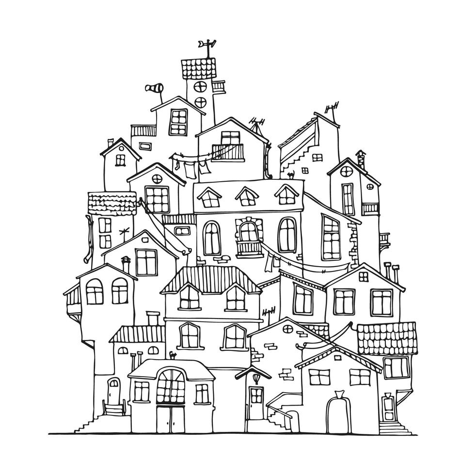 doodle house desenhado à mão em preto e branco. casas de tinta de desenho animado escandinavo. ilustração vetorial. vetor