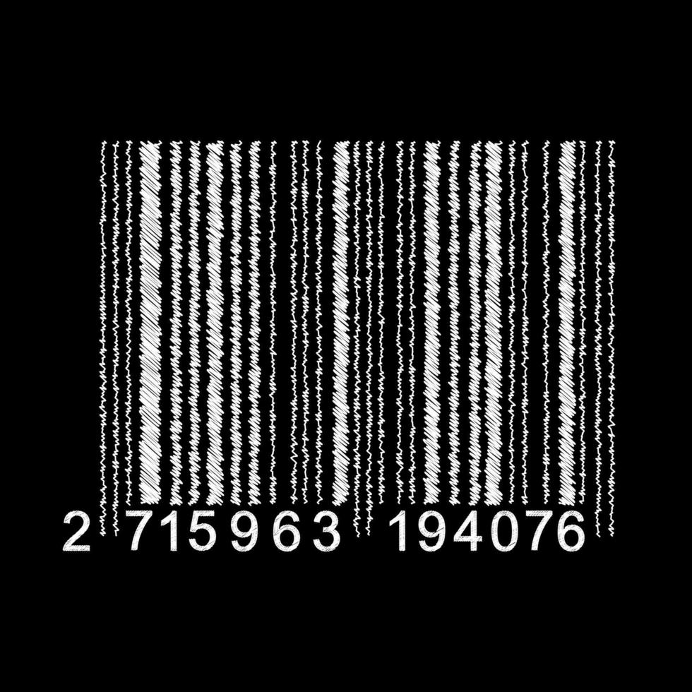 código de barras isolado em fundo preto. código de digitalização de produto universal no estilo doodle. vetor