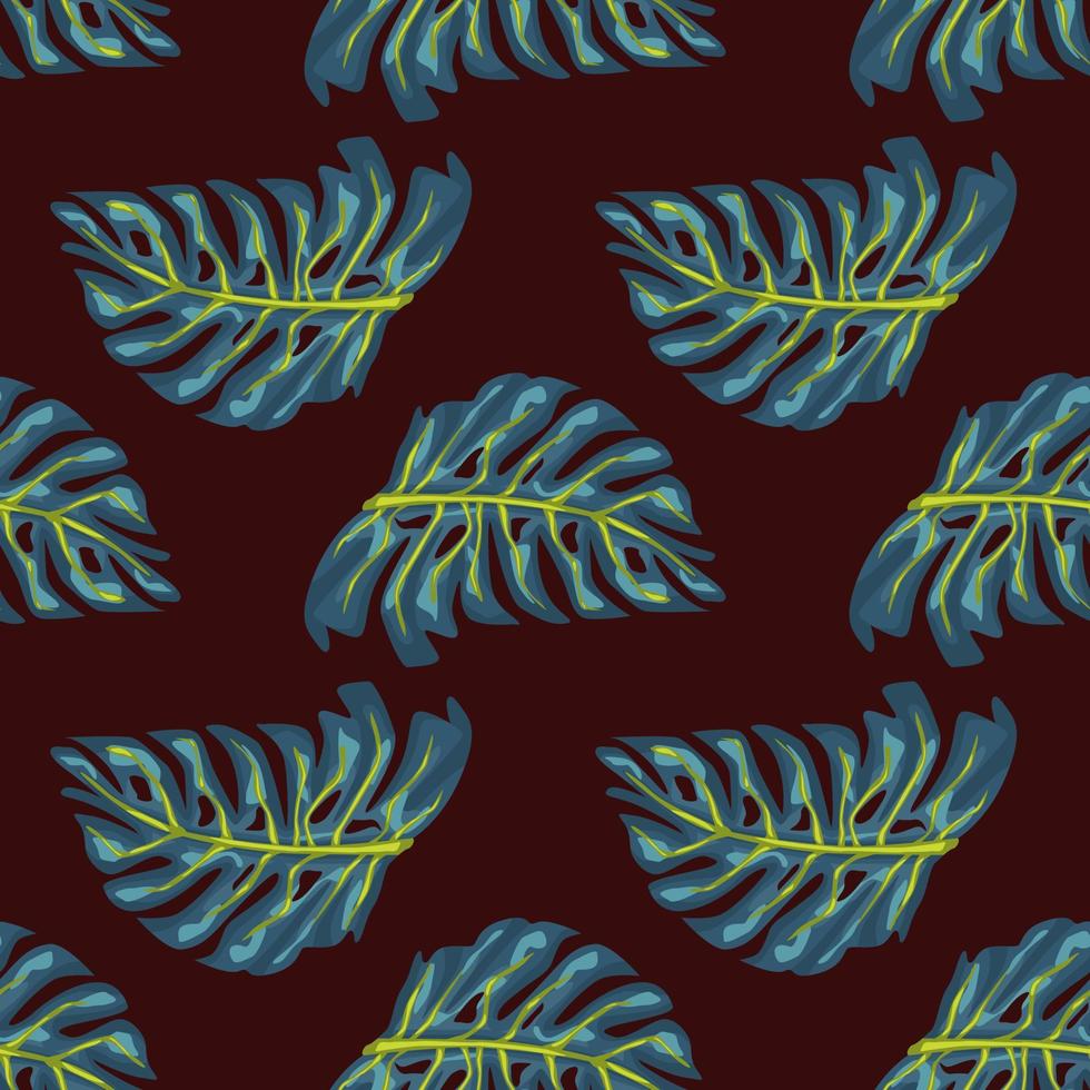 azul monstera formas padrão de doodle sem costura com folhas de palmeira. fundo escuro marrom. vetor