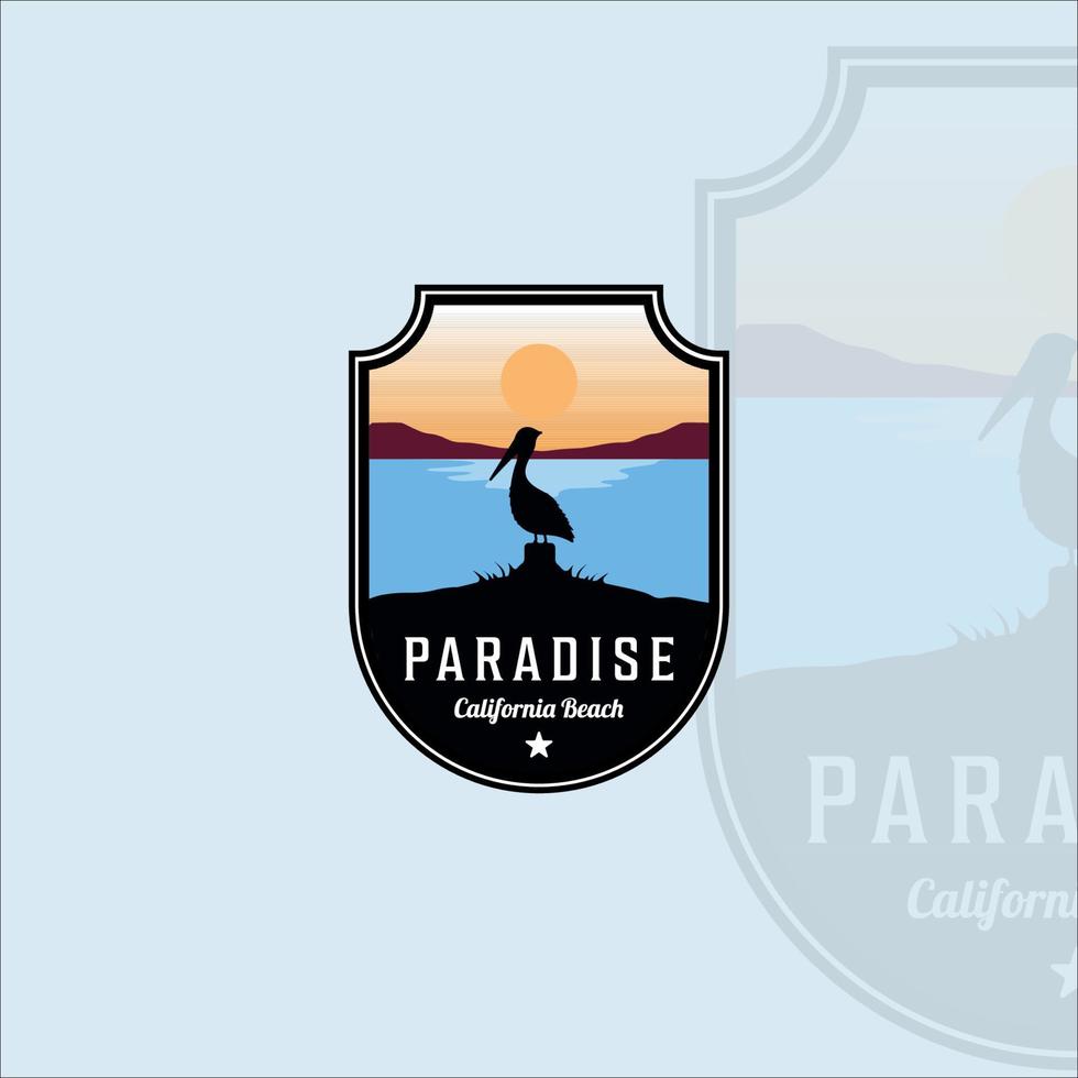 praia ou paraíso emblema logotipo moderno vetor vintage ilustração modelo ícone design gráfico. pelicano no sinal ao ar livre ou símbolo para aventura de viagem