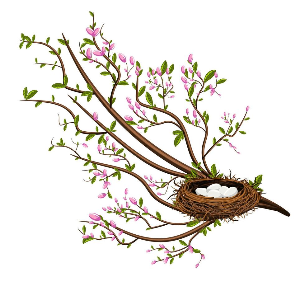 imagem vetorial isolada no fundo branco. um ninho de pássaro nos galhos de um arbusto ou árvore. conceito. eps 10 vetor