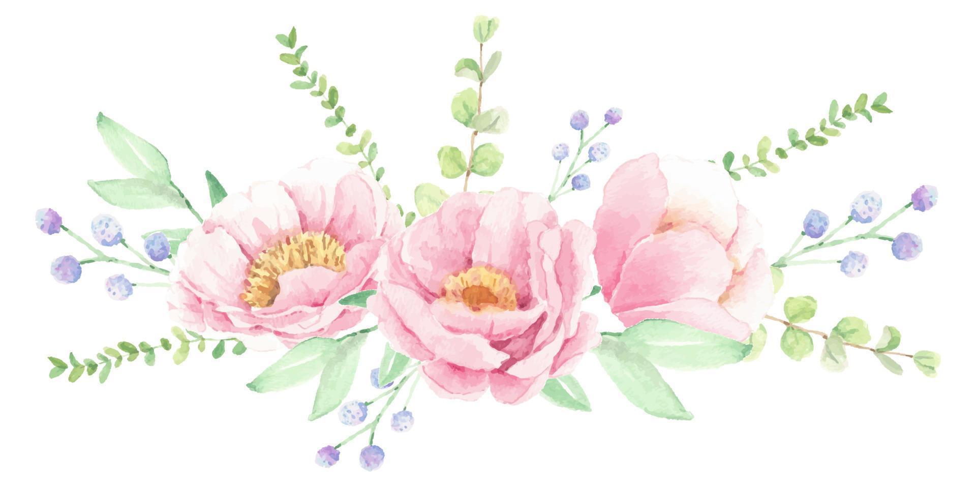 arranjo de buquê de flores de peônia rosa aquarela isolado no fundo branco vetor