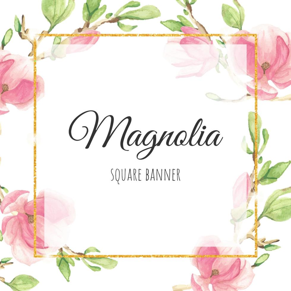 buquê de ramo de magnólia rosa aquarela com moldura quadrada de glitter dourado para banner ou logotipo vetor