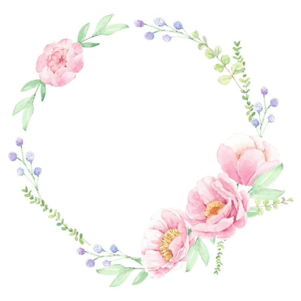 quadro de grinalda de arranjo de buquê de flores de peônia rosa aquarela para logotipo ou banner vetor