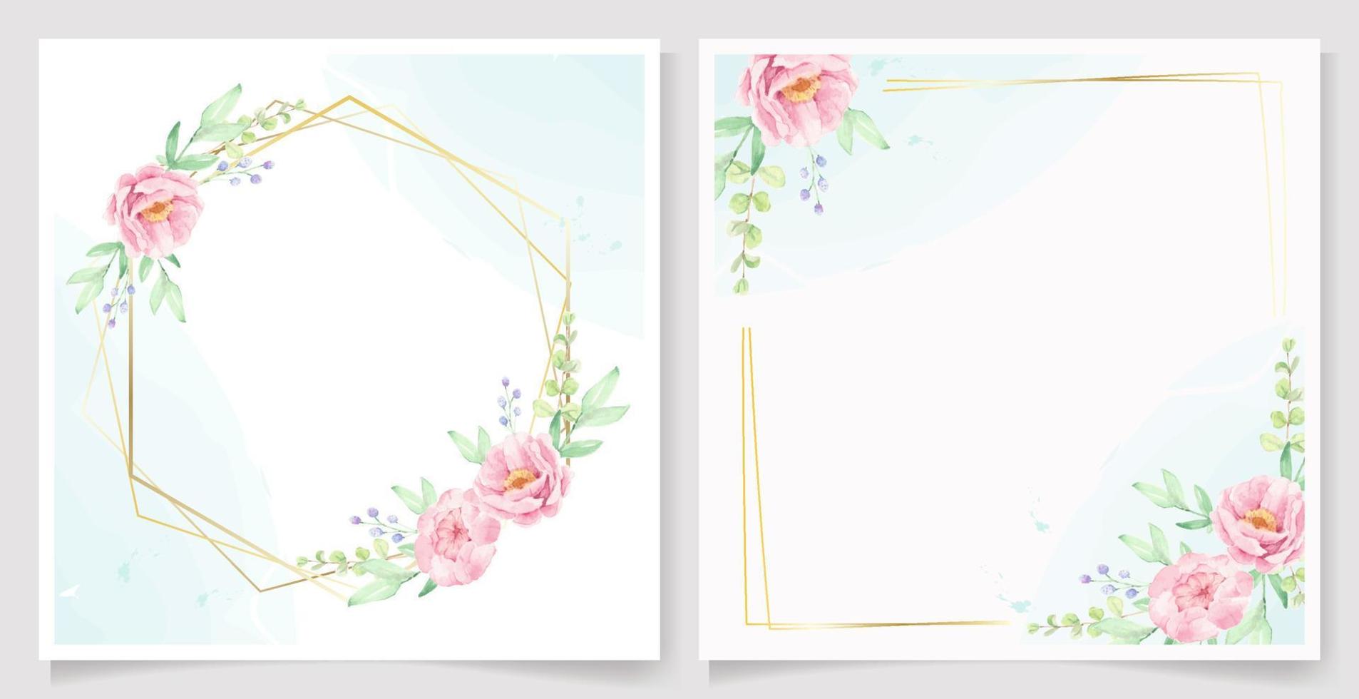 grinalda de buquê de flores de peônia rosa aquarela com coleção de modelo de cartão de convite de casamento quadrado moldura dourada vetor