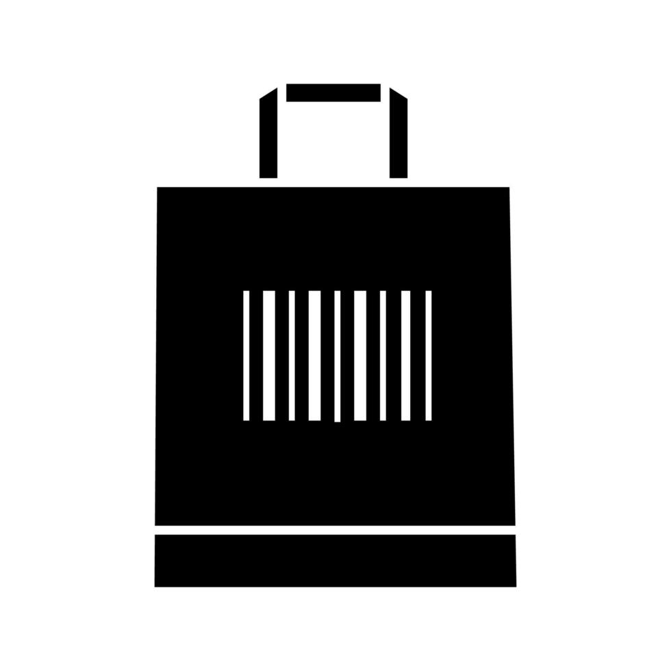 sacola de compras com ícone de glifo de código de barras. retalho. merchandising. usando códigos de barras lineares tradicionais. identificação de dados de código unidimensional. símbolo de silhueta. espaço negativo vetor