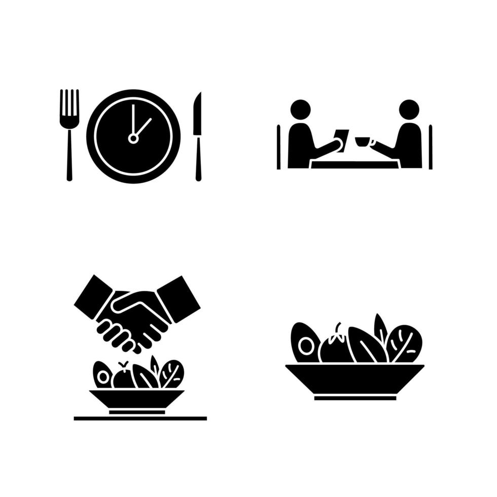conjunto de ícones de glifo de almoço de negócios. pausa para jantar, reunião de café, fazer acordo sobre a refeição, salada. símbolos de silhueta. ilustração vetorial isolada vetor