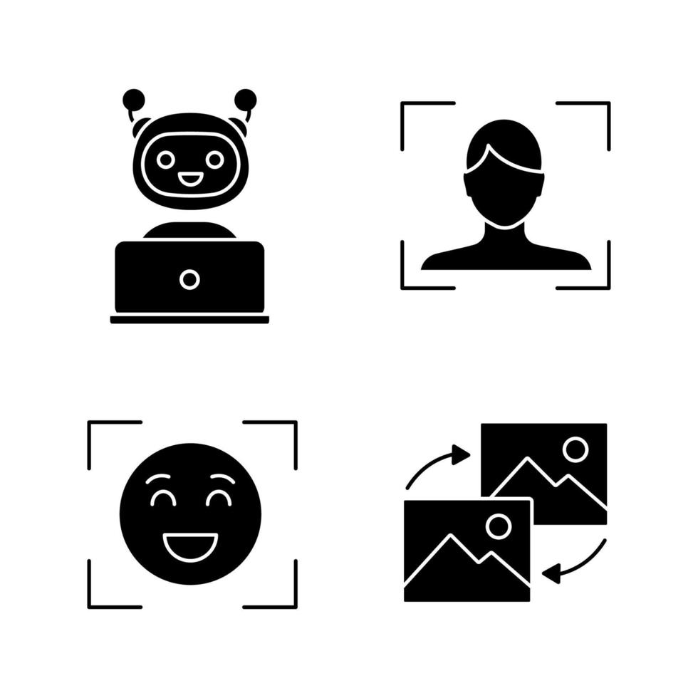 conjunto de ícones de glifo de aprendizado de máquina. chatbot, reconhecimento facial, detecção de emoções, transformação de dados. símbolos de silhueta. ilustração vetorial isolada vetor