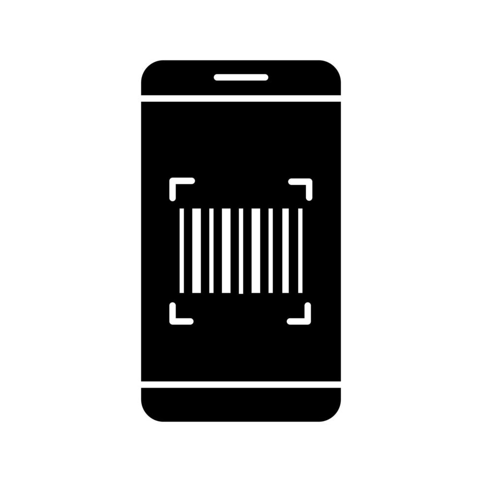 ícone de glifo do aplicativo de digitalização de código de barras. smartphone lendo código de barras linear. scanner de código unidimensional. símbolo de silhueta. espaço negativo. ilustração vetorial isolada vetor