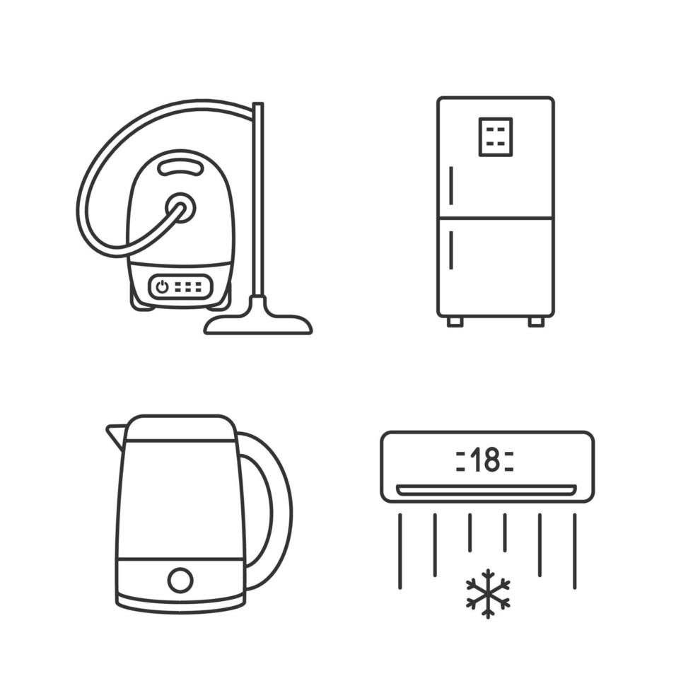 conjunto de ícones lineares de eletrodomésticos. aspirador de pó, geladeira, chaleira elétrica, ar condicionado. símbolos de contorno de linha fina. ilustrações de contorno de vetor isolado. traço editável