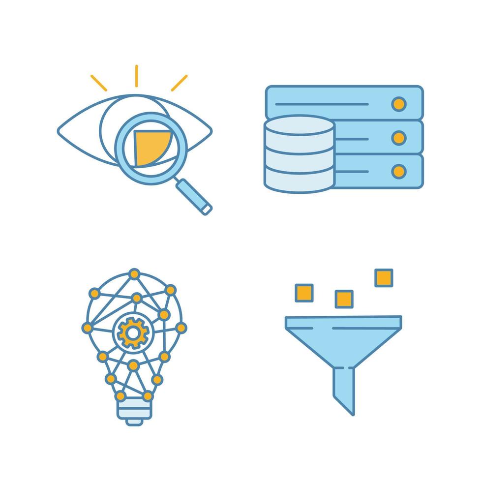 conjunto de ícones de cores de aprendizado de máquina. varredura de retina, banco de dados, processo de inovação, filtragem de dados. ilustrações vetoriais isoladas vetor