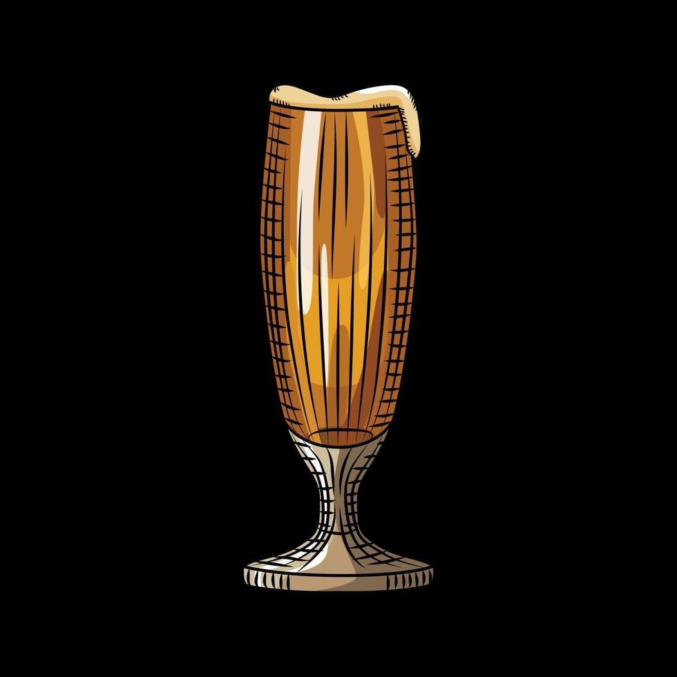 copo de cerveja light com espuma em fundo preto. cartaz de bebida de álcool desenhado à mão. vetor