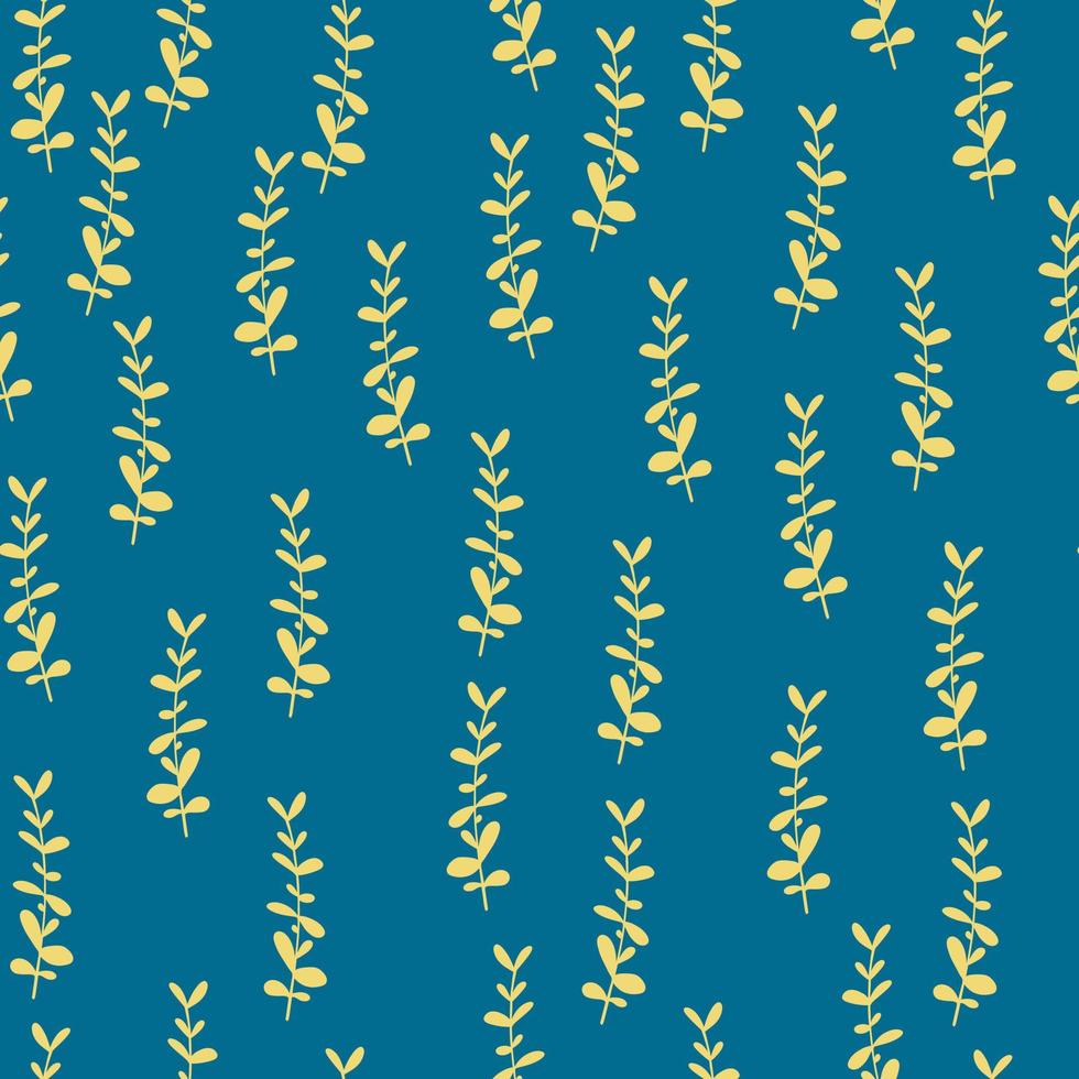 padrão sem emenda aleatório de ornamento de eucalipto de cor amarela. fundo azul brilhante. cenário de ervas. vetor