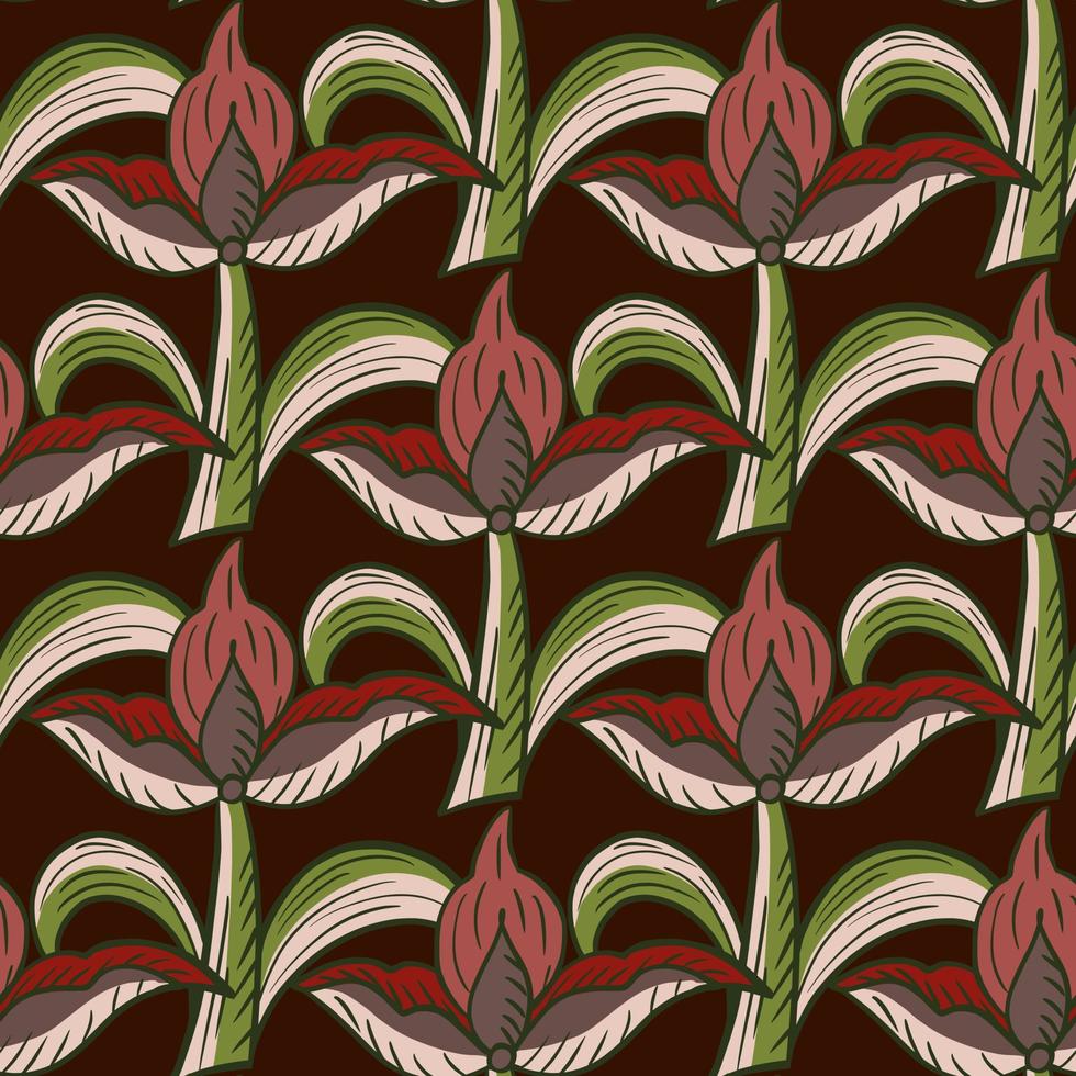 padrão natural sem costura com elementos abstratos de flores de tulipa grande. fundo marrom escuro. vetor