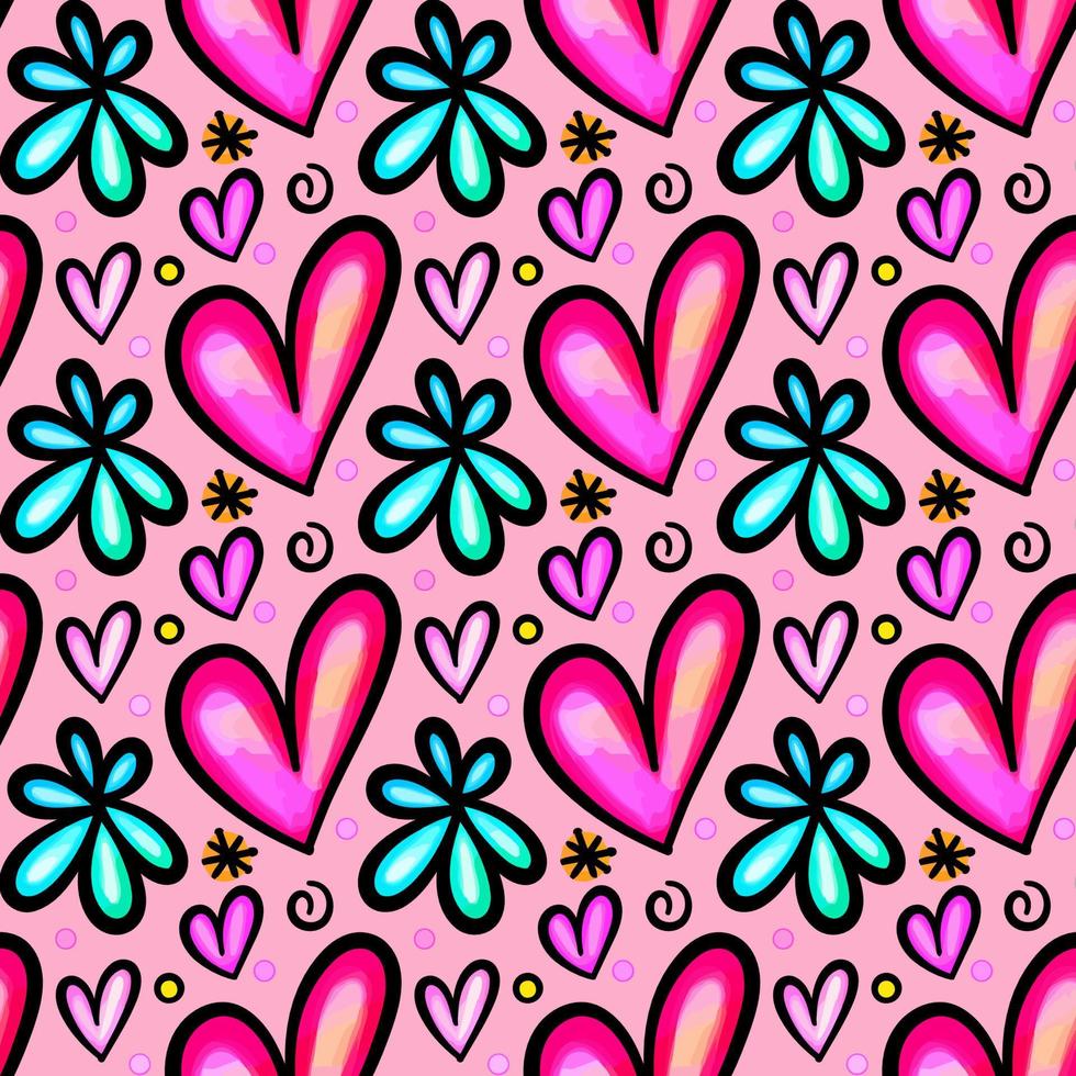 corações em aquarela rosa n flores padrão dos namorados vetor