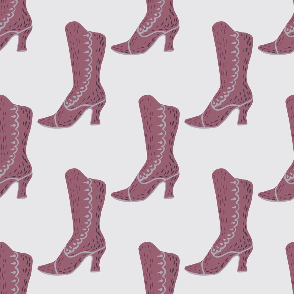 padrão sem emenda de estilo de moda com elementos de botas. ornamento roxo sobre fundo cinza claro. vetor