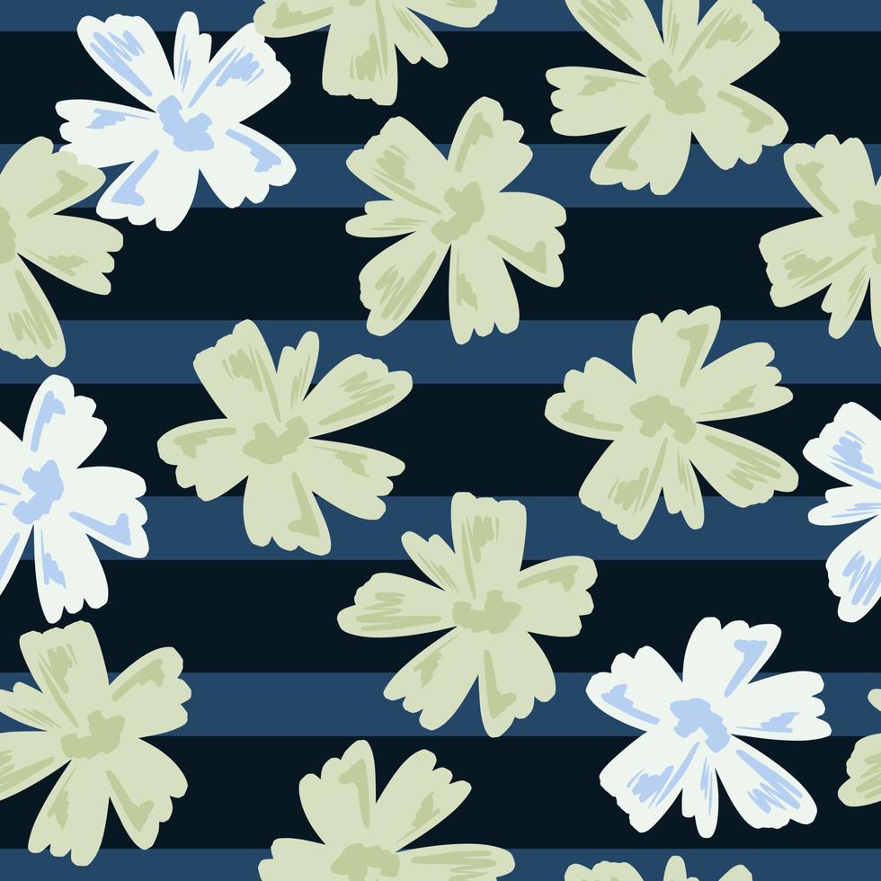 padrão floral sem costura de estilo simples com ornamento de broto de flores brancas aleatórias. fundo listrado azul marinho. vetor
