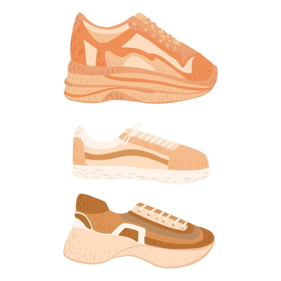 conjunto de tênis em fundo branco. sapatos de desenho abstrato em doodle. vetor