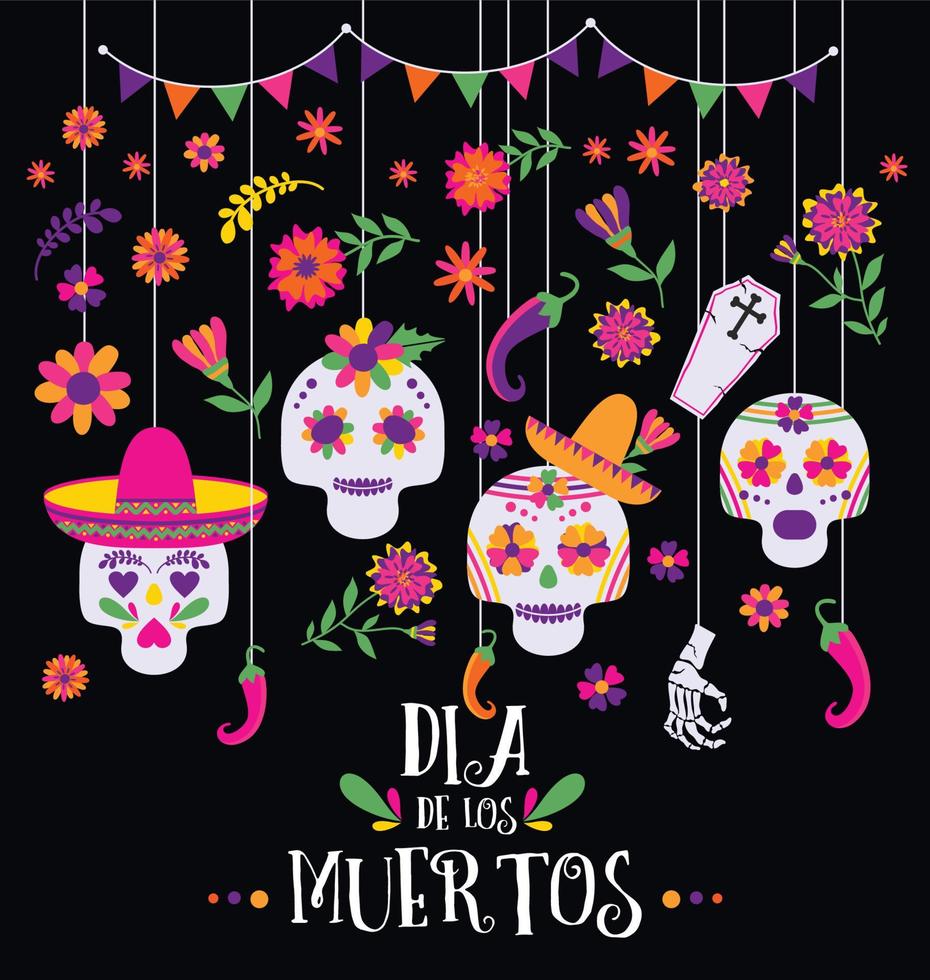 dia dos mortos, dia de los muertos, banner com ícones e flores mexicanas coloridas. festa, cartaz de férias, panfleto de festa, cartão engraçado vetor