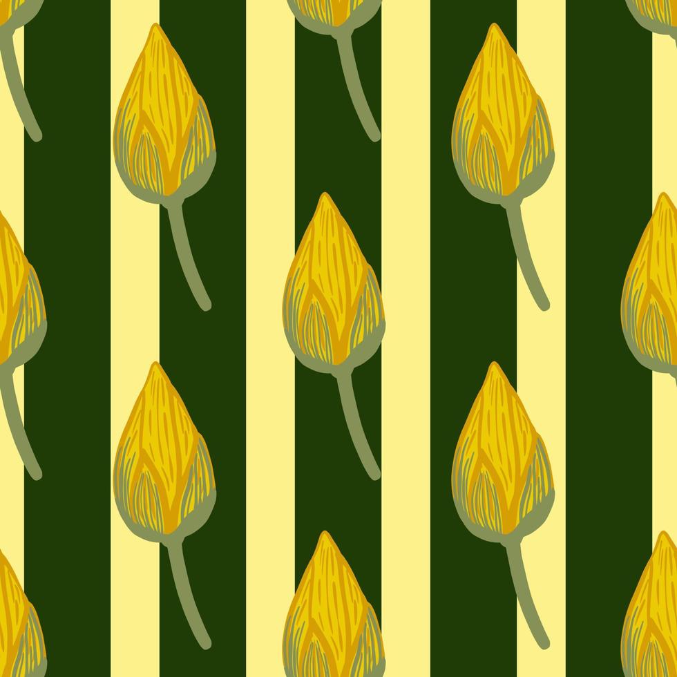 padrão sem emenda de botânica asiática de vida selvagem com elementos de broto de lótus doodle. flores amarelas e fundo listrado. vetor