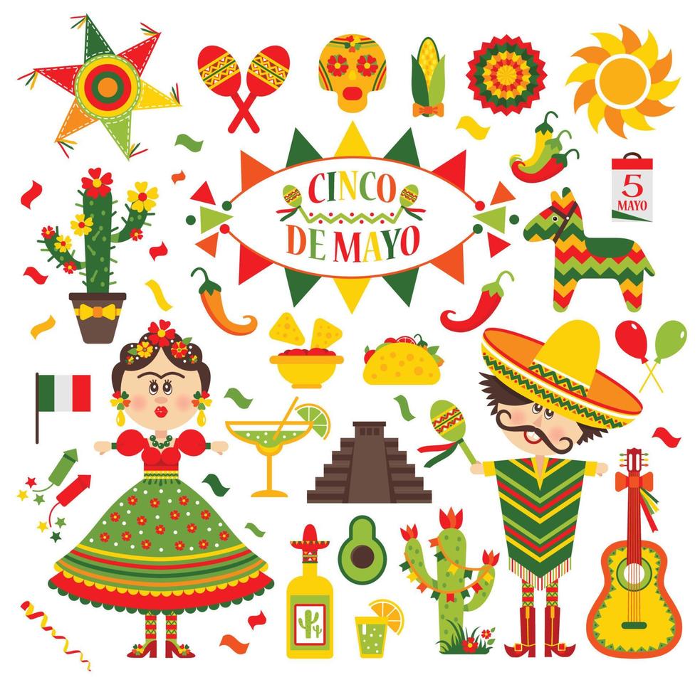 celebração de cinco de maio no méxico, conjunto, objetos de design icons.collection para desfile de cinco de maio com pinata, comida, sambrero, tequila, cacto, bandeira. ilustração vetorial. vetor