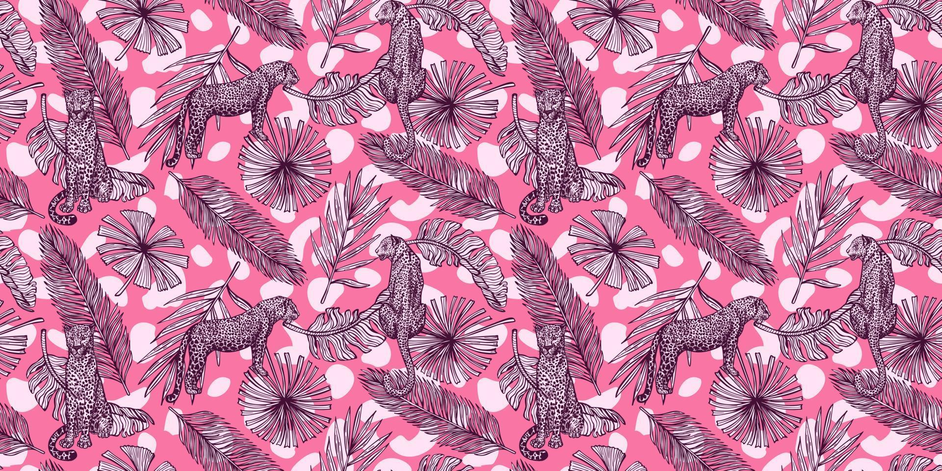 padrão sem emenda de vida selvagem de savana no fundo rosa. leopardo vintage, folhas, manchas em estilo de gravura. vetor
