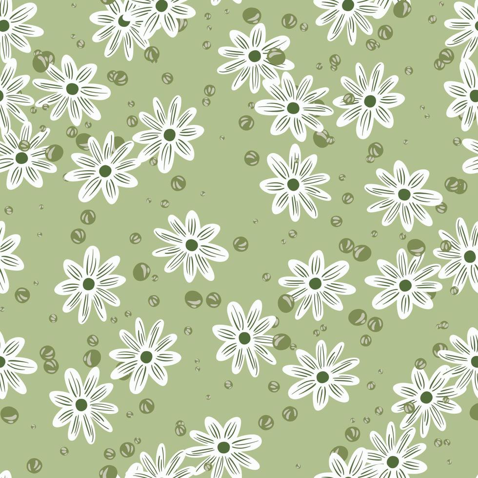 mão desenhada sem costura padrão de primavera com formas aleatórias de flores brancas. fundo verde pastel com bolhas. vetor